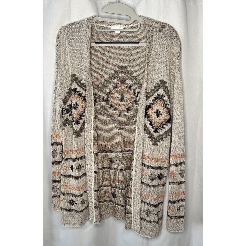 J. Jill Aztec Southwest Boho Open Front Luxurious Cotton Blend Knit Cardigan M